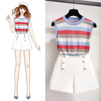 

women knitted Tank Tops and Shorts Set sexy Striped vest casual Korean style 2 piece Set Clothes Summer Women 2 Piece Outfits