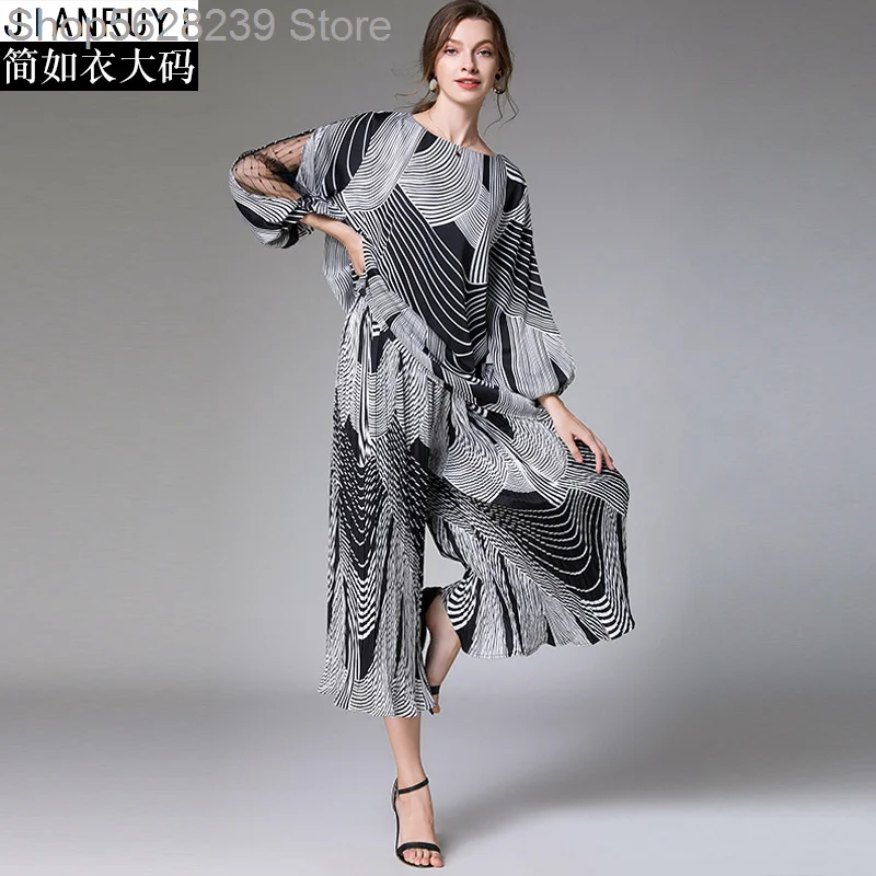 

2020 Summer Dress Fat Mm Big Size Women's Wear Two-piece Set Loose Lace Splicing Wrinkles Chiffon Suit 8054