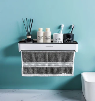 

Hot Sale Waterproof No Drilling Self-adhesive Shower Storage Wall Mount Bathroom Shelf Rack with Towel Bar
