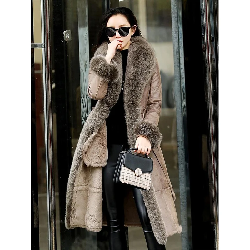 Double-faced Fur Coat Women Real Fox Fur Collar Slim Leather Fox Fur Coat Rex Rabbit Fur Coat