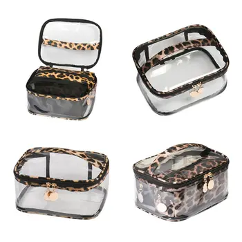 

Fashion Large Capacity Leopard Print Cosmetic Bag With Handle Strap Transparent Makeup Pouch for Women Girls