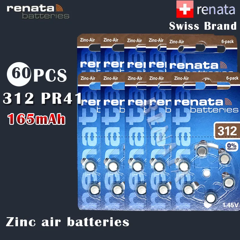 60 шт Renata 312 1 45 v 165mAh цинковые воздушные батареи PR41 A312 для слухового аппарата кнопки