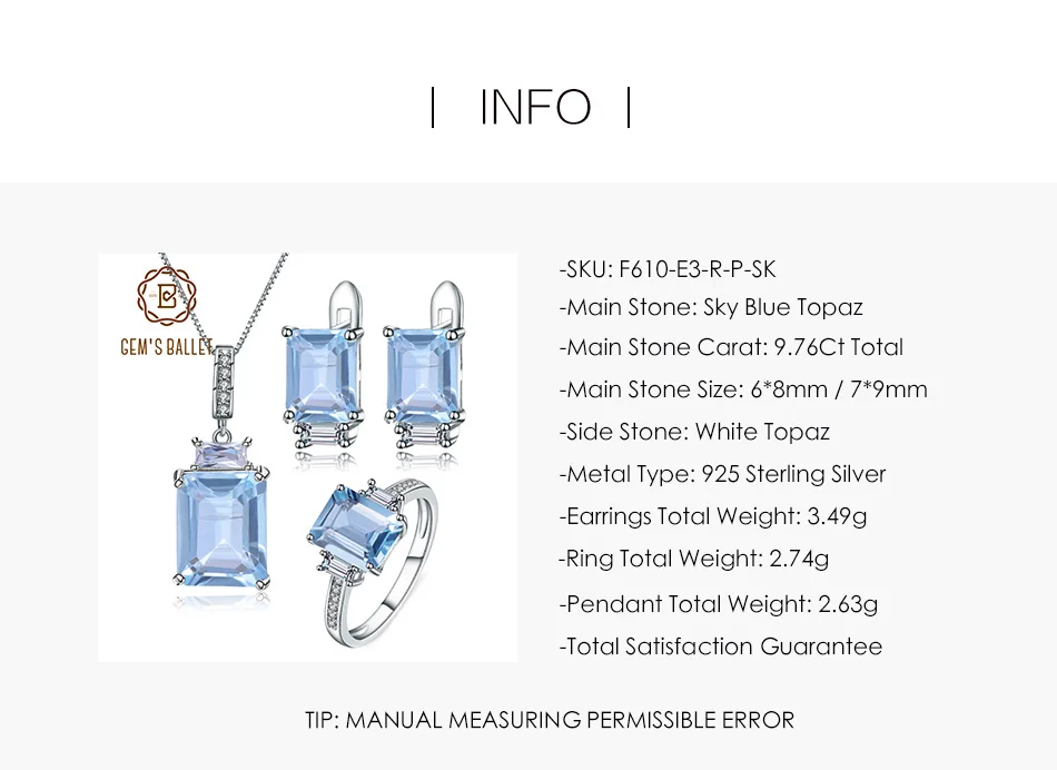 GEM'S балет натуральный Небесно Голубой топаз кольцо серьги кулон наборы 925 пробы драгоценности из серебра и камней набор для женщин свадеб