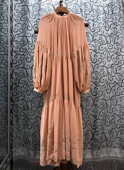 

2020 Spring and Summer New Women's round Neck Embroidered Beaded Pattern Decorative Lantern Sleeve Length Dress 527