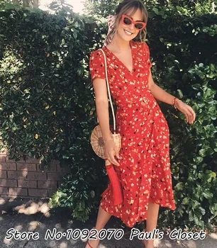 

Women The Teale Rouge Fleur Silk Wrap Dress Red Floral Print Deep V Neckline Midi Dress