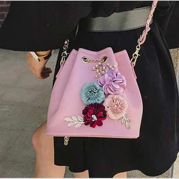 

YXZ Women's Korean Style Vintage Flower Decoration Bucket bags 2020 Female Crossbody bags PU Leather Large women's bag