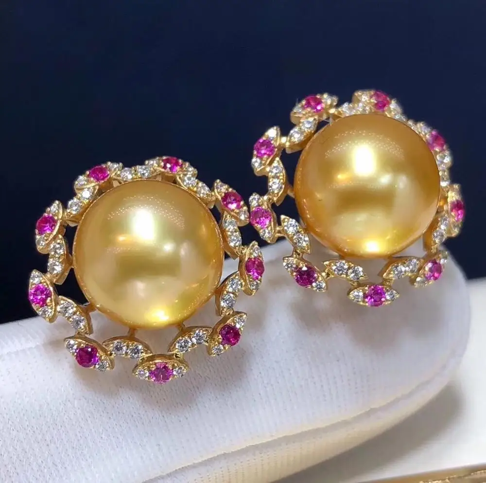 D215 Fine Jewelry Pure 14 K Gold Natural Ocean Golden Pearls 11-10mm Stud Earrings for Women Pearl | Украшения и аксессуары