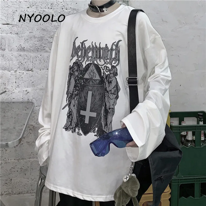 NYOOLO Harajuku винтажная религиозная футболка с буквенным принтом, осенняя уличная свободная футболка с длинными рукавами, Женская Мужская одежда, Топ