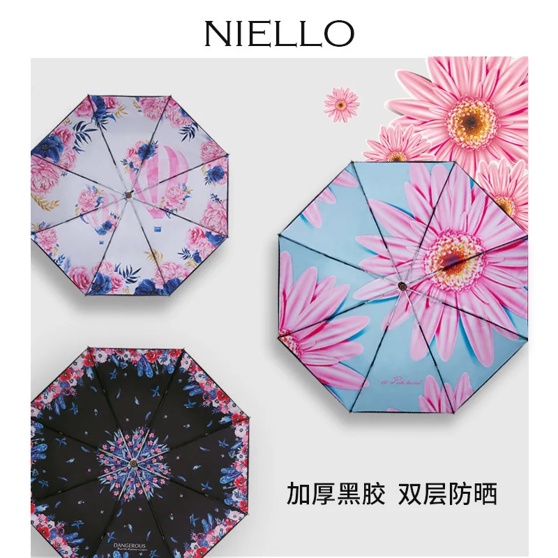 

NIELLO Folding Double Layer Black Umbrella Outdoor Sun-resistant UV-Protection Three Fold Umbrella Women's High-End Gift