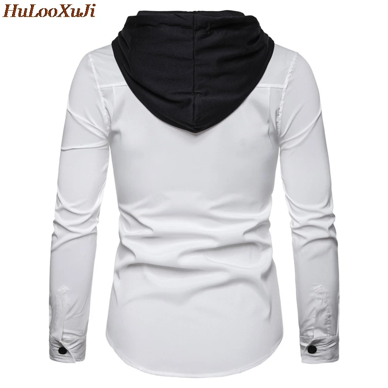HuLooXuJi новые мужские весенне-зимние рубашки с капюшоном с длинными рукавами Тонкий контрастный цвет подходят деловые вечерние рубашки Размер США: S-2XL