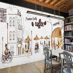 Cartoon Hand Drawn Coffee Shop Scene Photo Wallpaper Coffee Restaurant Cafe Industrial Decor Background Wall Mural Wall Paper 3D