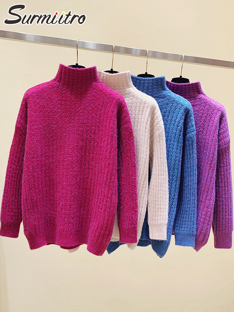 SURMIITRO 2021 Thick Warm Winter Turtleneck Women Korean Style Red Blue Long Sleeve Knitted Pullover Sweater Female Knitwear | Женская