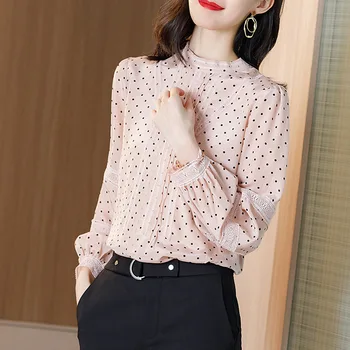 

100% Pure Silk Women's Shirts Eleghant Long Sleeve Fashion Women Tops and Blouses Dot Lace Patchwork Shirt Top 2020 High Quality