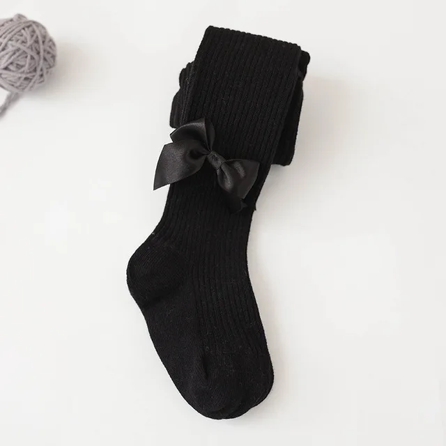 black Милые колготки принцессы с бантом из ленты для девочек; осенние хлопковые однотонные колготки в полоску для маленьких детей; колготки для девочек; штаны для малышей - Цвет: black