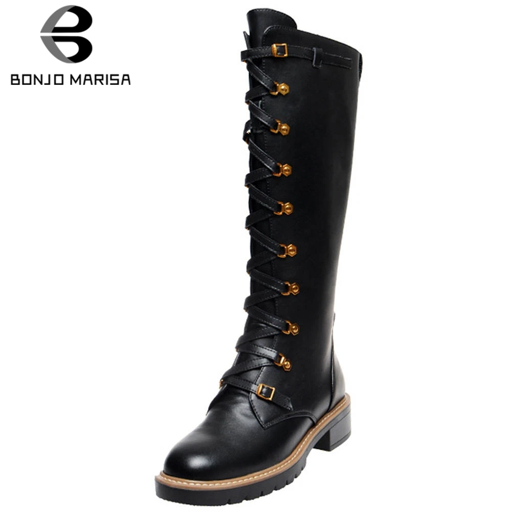 

BONJOMARISA New 34-43 Luxury Brand Genuine Leather Boots Ladies lace-up mid-calf Boots Women 2020 Med Heels Date Shoes Woman