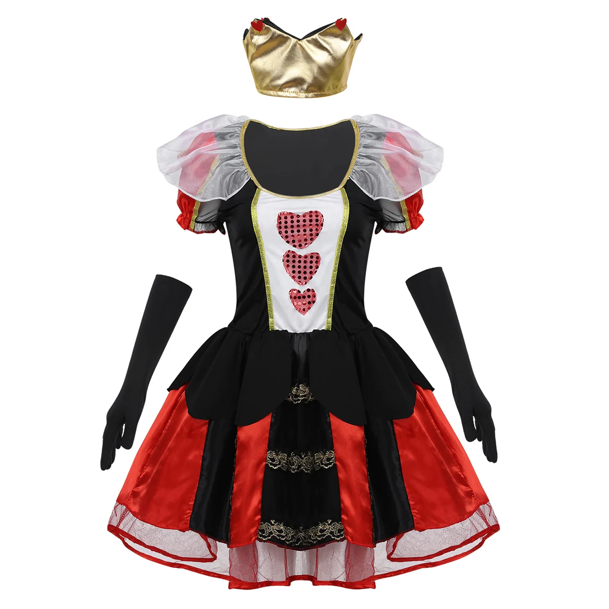 Женский костюм для взрослых королевской королевы из 3 предметов, костюм для Хэллоуин, короткий Пышный рукав, три блестящих сердца, вечерние платья с короной и перчатки - Цвет: Black