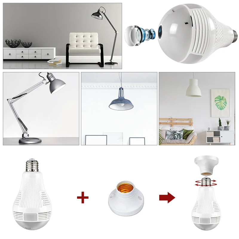  A-ZONE 3.0MP IP 360 Degree Panoramic Light Lamp Camera Home Security Two Ways Audio CCTV Wireless W - 4.00011E+12