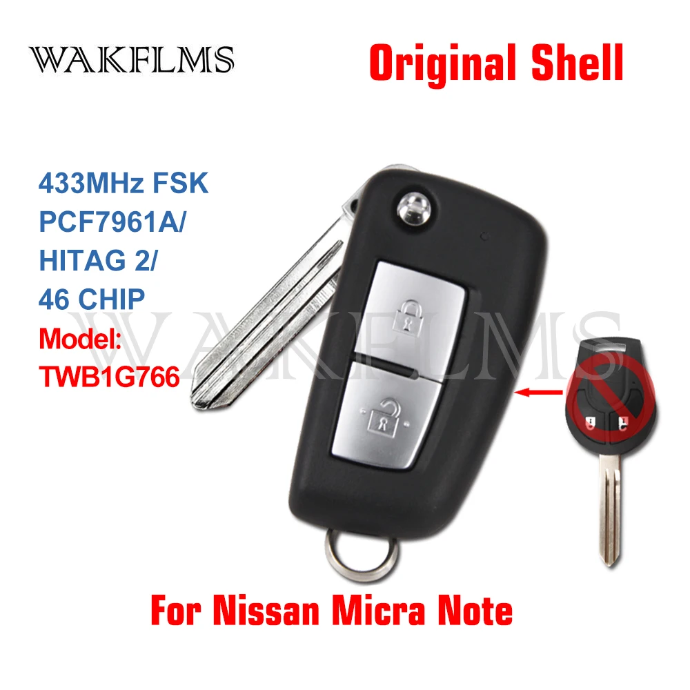 TWB1G766 Upgrade DIY Original Shell Flip Remote Key Fob PCF7961A 433MHz ID46 For 2014 2015 2016 2017 Nissan Micra Note