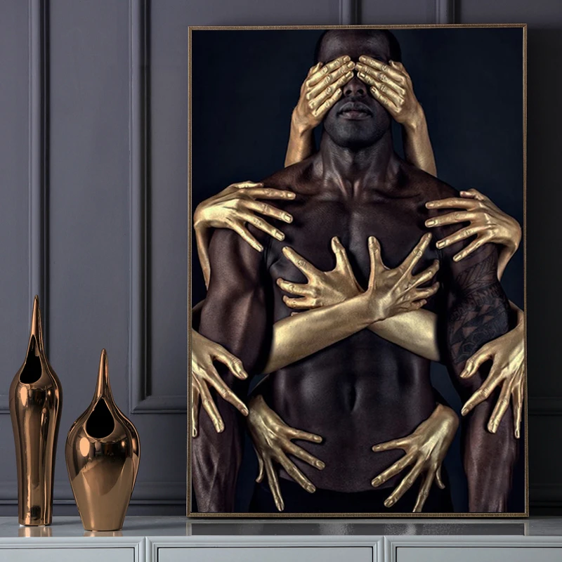 African Art Black Gold Nude Man Canvas Painting Modern Wall Posters and Prints Pictures for Living Room Decor | Дом и сад