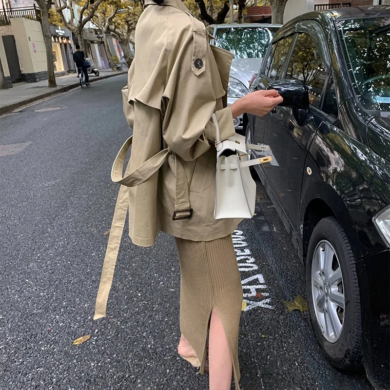 

Trench Coat Women's Autumn Mid-length Korean-style Long Sleeve Bandage Cloth Double Breasted Khaki Elegant Joint Coat