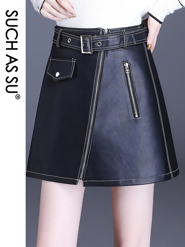 

High Waist Leather Skirt New 2020 Fashion Fall Winter PU Sashes Punk Style Mini A Line Skirts M-3XL Plus Size Black Skirt Female