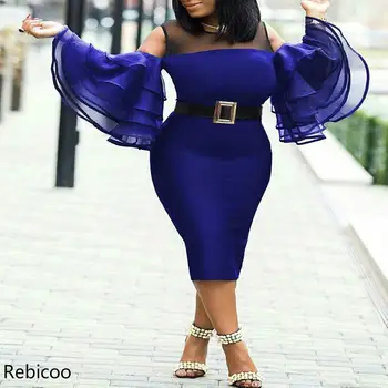 

Africa Clothing Plus Size Mesh Ruffles Sleeve Dress Women Sexy O-Neck Perspective Slim Dress Office Lady Party S-6XL