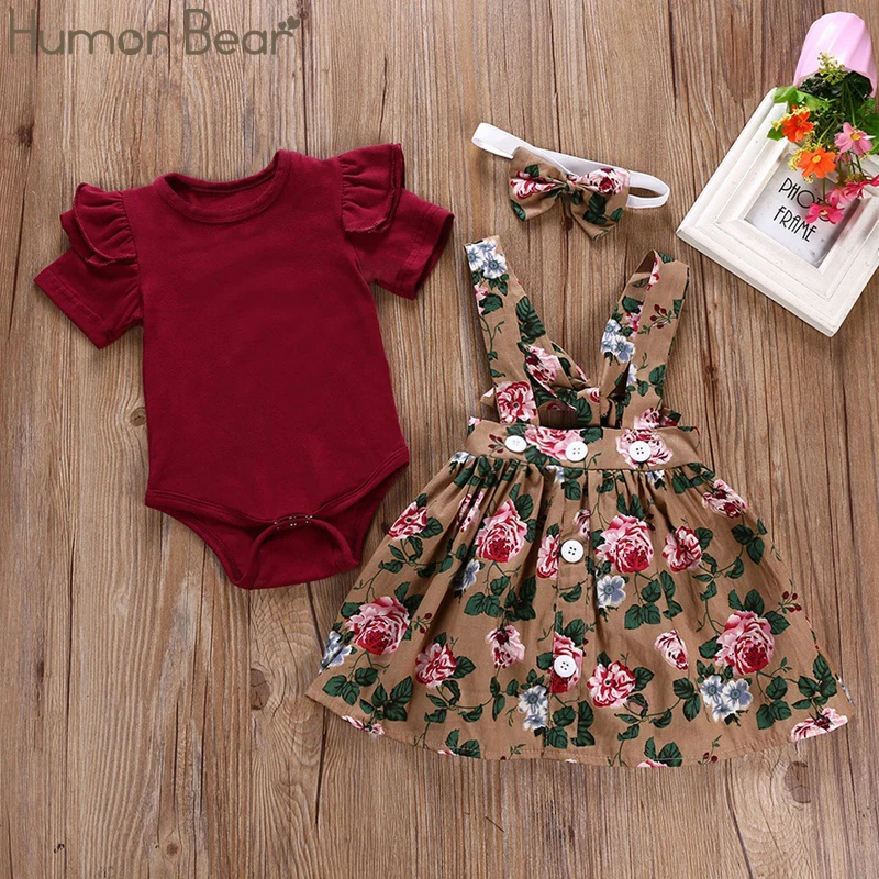 Humor Bear/летние комплекты одежды для маленьких девочек хлопковая Футболка с летящими рукавами+ штаны с цветочным принтом+ повязка на голову, 3 шт. Комбинезоны, джинсовый костюм для малышей