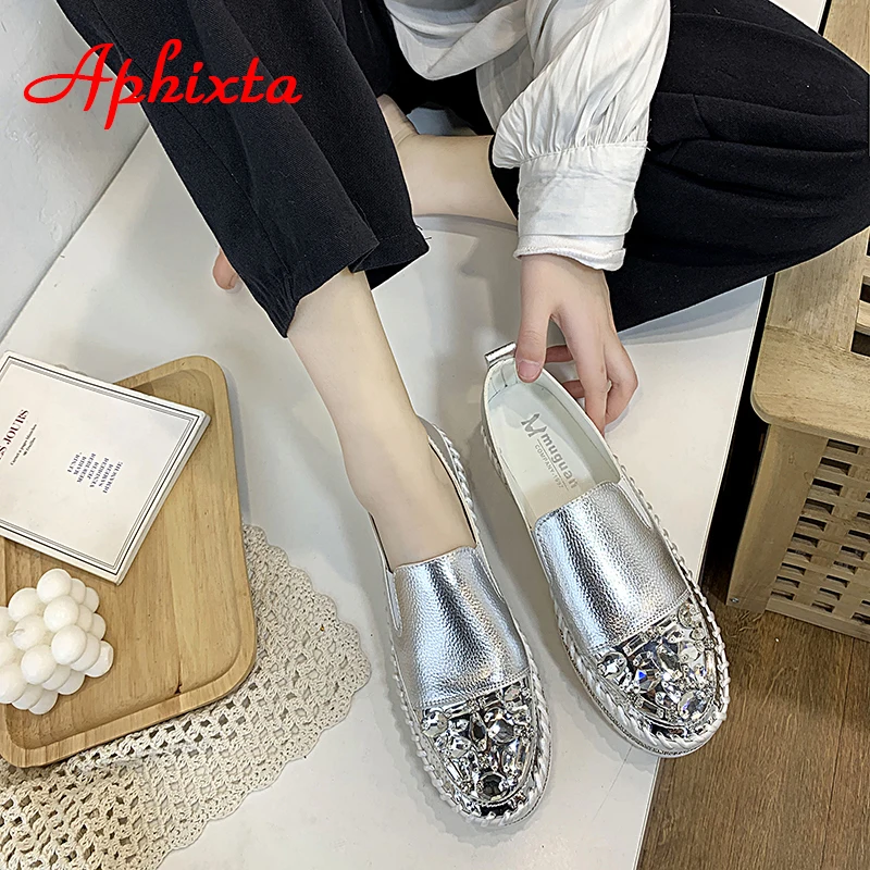 Women Shoes Casual Shoes Women Flats Aphixta Crystals Round Toe Leather Flats Shoes Women Silver Bling Loafers Couple Platform Shoes Woman Flat With Students Size 43
