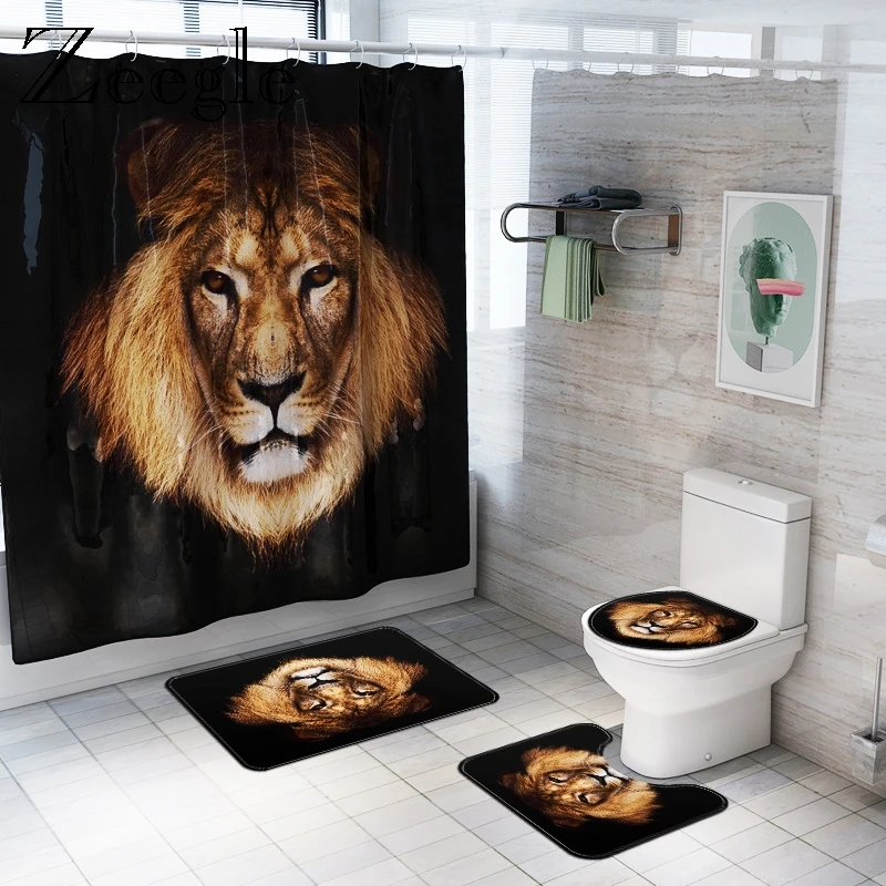 Zeegle Bathroom Carpet Shower Curtain Anti Slip Bath Mat Set Lion Printed Waterproof Bathroom Curtain Bathroom Cover Toilet Seat