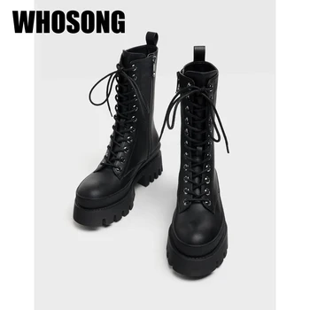 

Women Mid Calf Boots Ladies Soft Platform Shoes Woman Motorcycle Boots Female Black Brand Boots Girls Casual Botas New Autumn