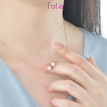 

2020 new design fashion trendy gold plated chain 925 sterling silver jewellery FoLo collier pearl necklace bijoux red CZ pendant