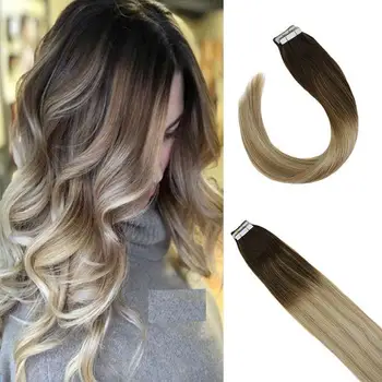 

VeSunny Adhesive Tape in Hair Extension Real Human Hair Machine Remy Blonde Skin Weft Seamless Brown Tape on 50g #4/27/60 Gloden