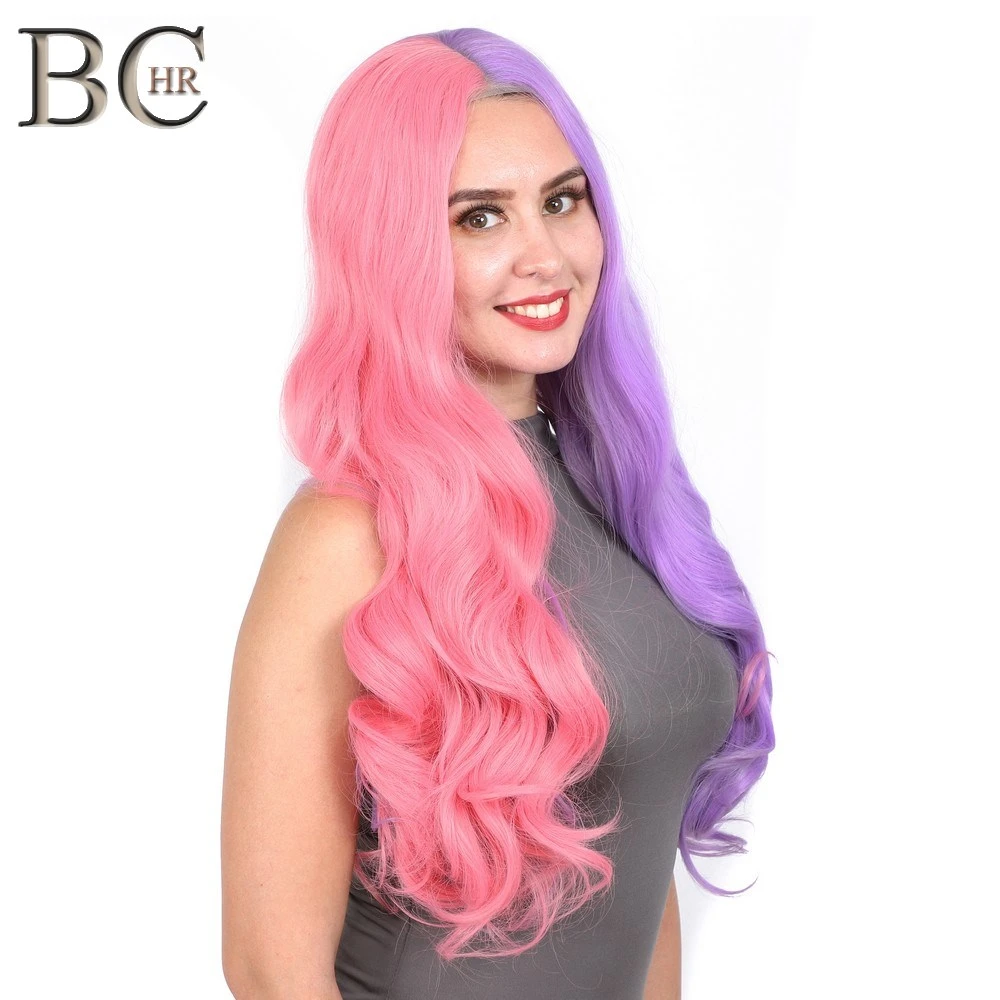 Synthetic Wig Half Pink Half Purple Lace Wig For Women Long Wavy Curls Wig Cosplay Or Party Hair Synthetic Lace Wigs For White Aliexpress