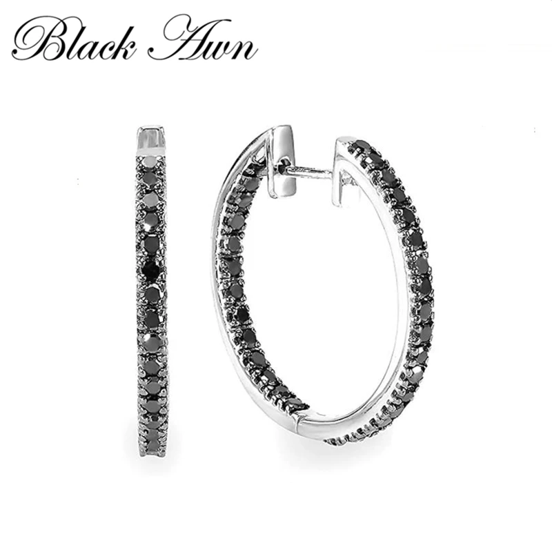 Black Awn 2020 New Classic 925 Sterling Silver Round Black Trendy Spinel Engagement Hoop Earrings for Women Fine Jewelry I189