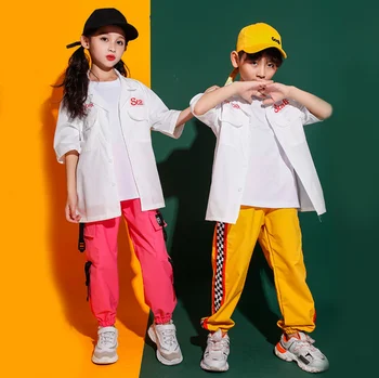 

Teen Boys Girls Hip Hop Summer Costumes White Shirts Pink Yellow Sport Pants Trousers Jazz Dance Kids Clothes for 10 12 14 16 Y