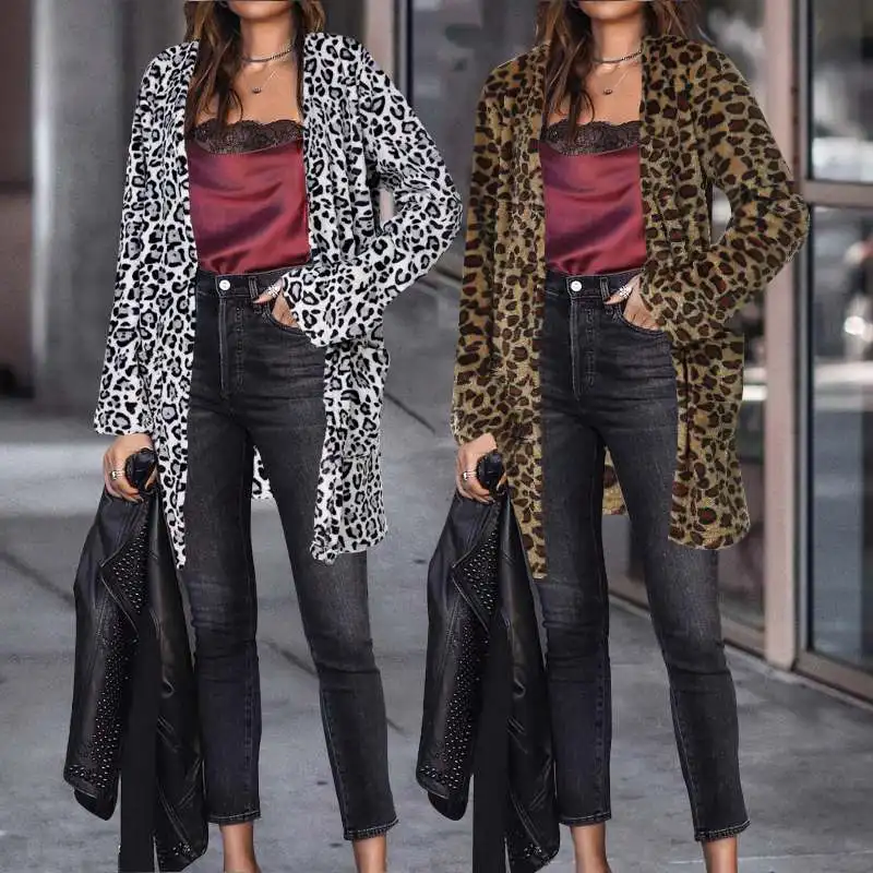 

Celmia Women Leopard Print Cardigan Tops Faux Fur Jackets 2019 Autumn Coats Long Sleeve Soft Long Female Ourtwear Plus Size 5XL