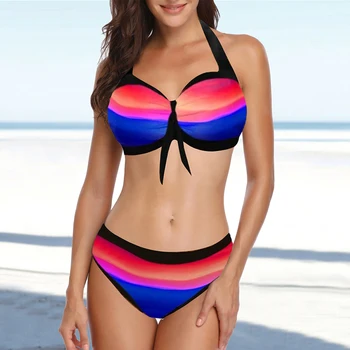 

New Swimsuits Women Bikini Stripe Bikini Set Hatler Backless 2020 Mujer Swimming Suits Push-Up Swimwear High Waist Beachwears