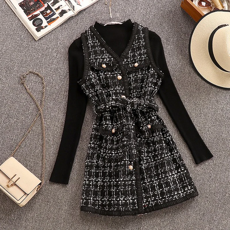 Autumn Winter Women 2 Piece Outfits Blcak Slim Knitted Sweater + Tweed single-breasted Plaid Vest Woolen Belt Dress Set |