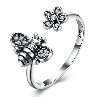 

925 Silver Sterling Fashion Vintage Bee Flower Open Rings for Women Adjustable Retro Bohemia Rings Statement Jewelry jz364