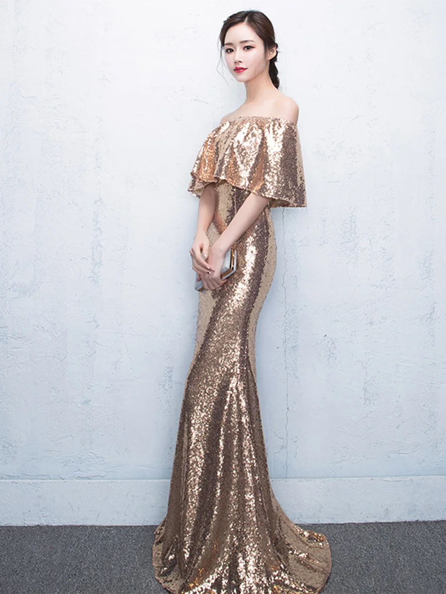 Вечернее платье с оборками и открытыми плечами Robe De Soiree, вечернее платье с вырезом лодочкой и рукавом до локтя, новинка, вечернее платье русалки F297