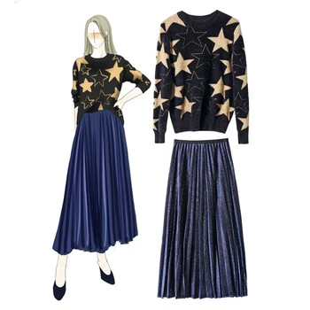 

2019 Winter Korean Fashion Knitted Suit New Stars Printed Sweater Tops And Matching Shining Pleated Long Skirt 2 Piece Set Women