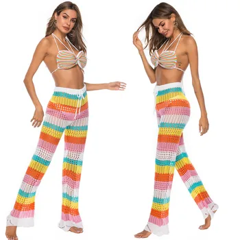 

Covered Woman Summer Bathrobe For Beach Tunic Cover-Ups New Rainbow Hollow Out Knit Trousers Tong Crochet Pants Striped Acrylic
