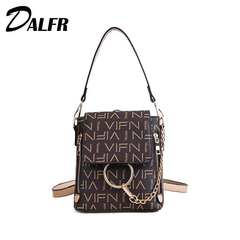 

DALFR Backpack for Women 2019 Fashion Letter Printing Metal Ring Bag Solid Color Back Pack Ladies Casual Wild Purse Backpack