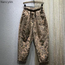 Свободные брюки с эластичной талией, женские джинсы, новые зимние шаровары, повседневные, леопардовые, прямые, джинсовые штаны с морковкой, женские джинсы