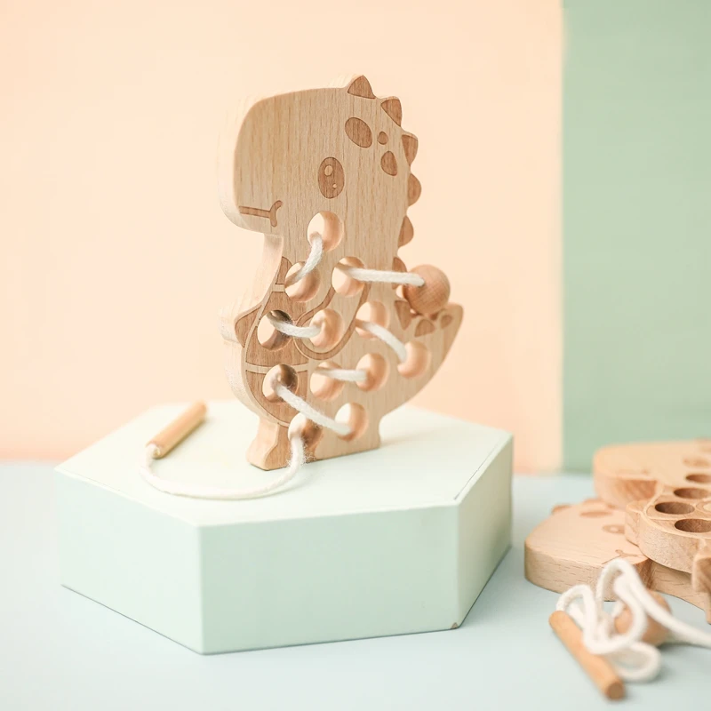 1Set Wooden Dinosaur Threading Board Toys Wood Blocks Fingers Flexible Training Montessori Fine Motor Skills Educational Gift