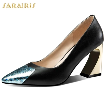 

Sarairis New Wholesale Elegant Pointed Toe Hoof High Heels Genuine Leather Brand Pumps Women Shoes Woman