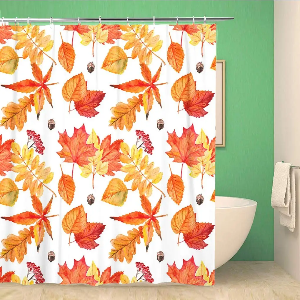 

Bathroom Shower Curtain Orange Autumn Watercolor Leaves Red Hello Holiday Pattern Birch 72x72 inches Waterproof Bath Curtain Set