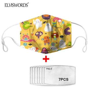 

ELVISWORDS Cartoon Ghost Pattern Kids Kawaii Mouth Mask Dustproof Reusable Boys Girls Mouth-Muffle WIth 7Pcs PM2.5 Mask Filter