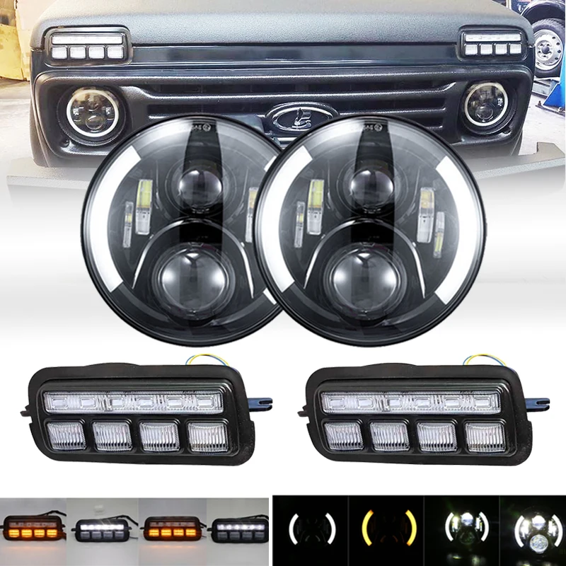

For Lada Niva 4X4 1995- Amber Turn Signal Tail light LED DRL lights with White Daytime Running Light 7inch Led Headlight Hi/Low