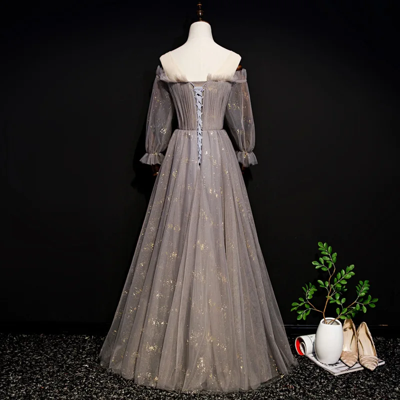 Elegant Lady Lantern Sleeve Evening Party Qipao Exquisite Off Shoulder Mesh Formal Party Dress Bling Full Length Robe De Soiree